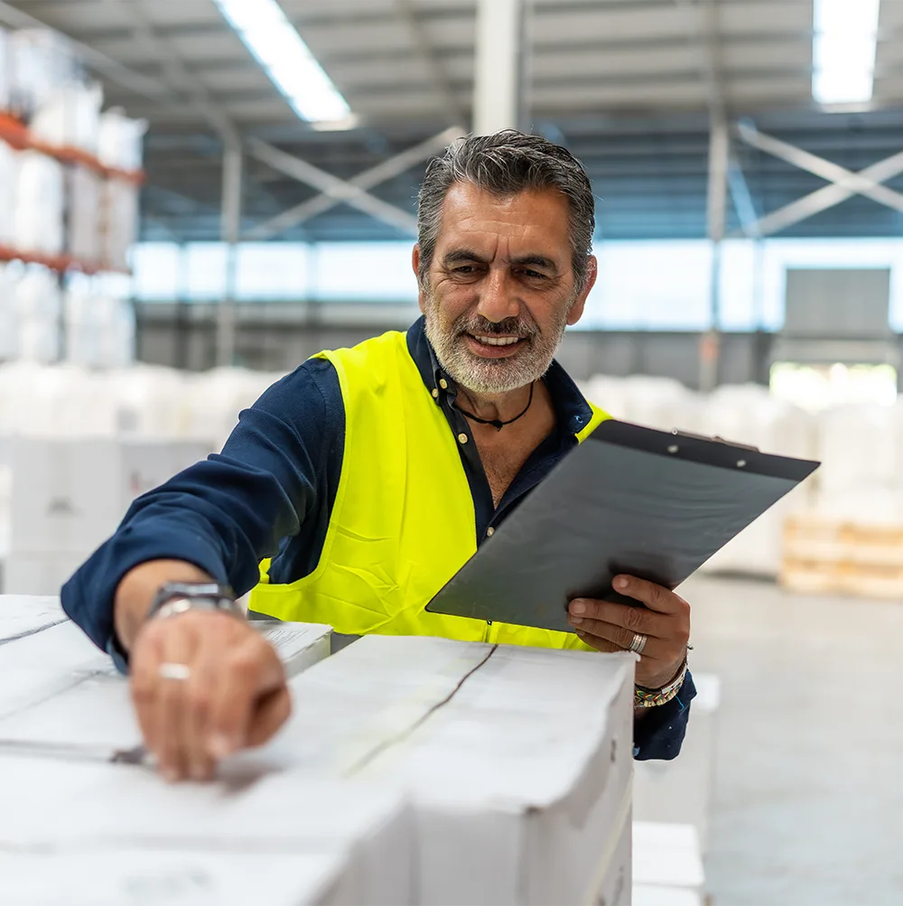 A man in his late 50s with a gray beard, wearing a high-visibility vest, checks boxes in a warehouse with a clipboard